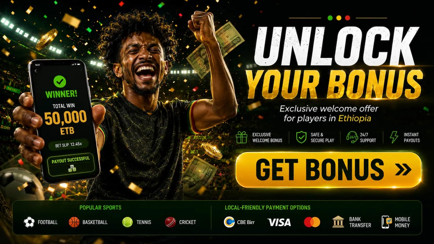 Arada Bet promotional banner showing a winner and a bonus offer