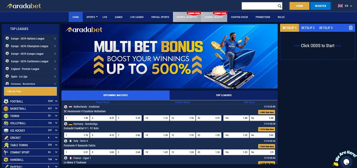Arada Bet sportsbook home page with football odds and a multi-bet bonus