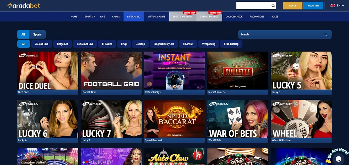 Arada Bet casino lobby with live dealer and table game tiles