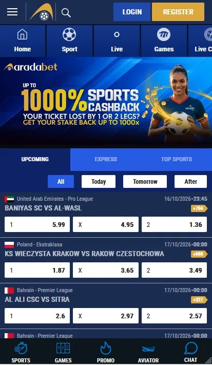 Arada Bet mobile sportsbook showing football odds and a cashback offer