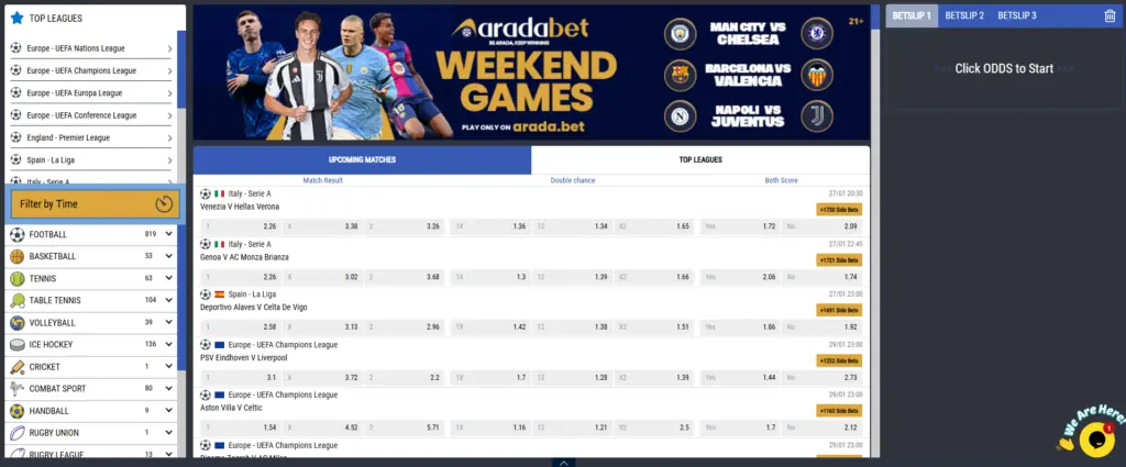 Arada Bet betting page with football odds and an open bet slip