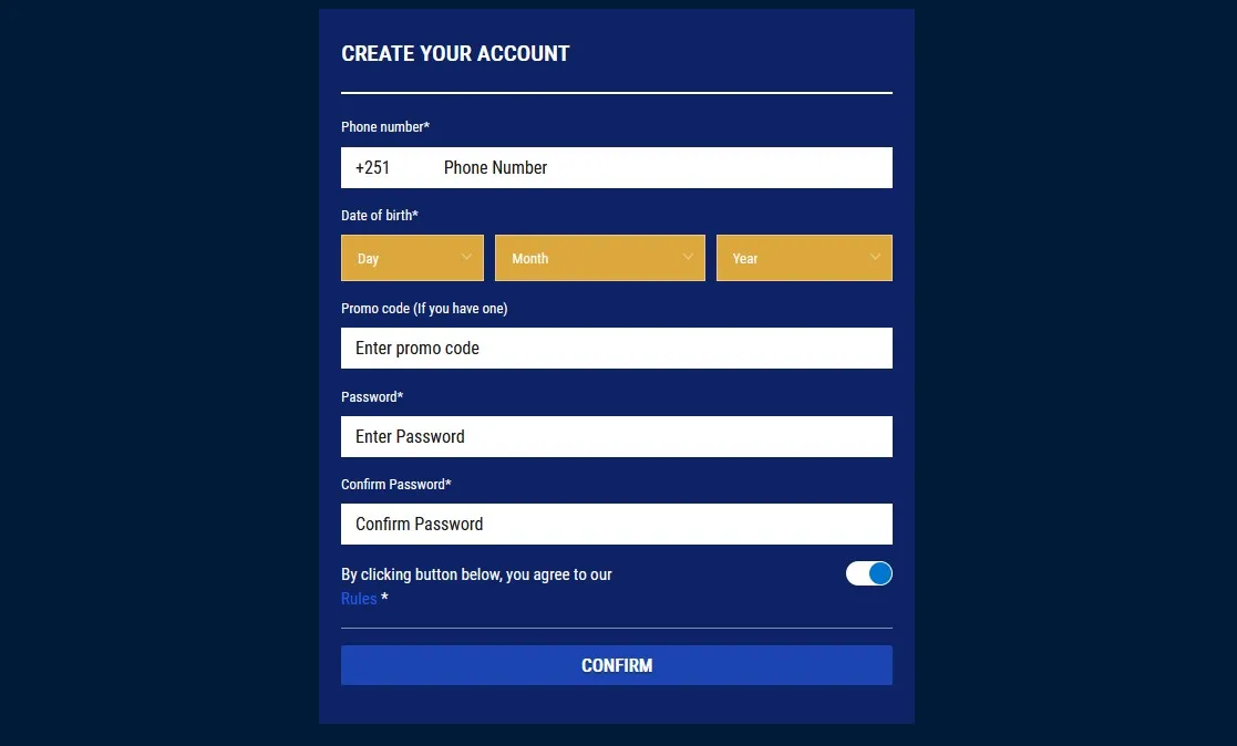 Arada Bet registration form with phone number, date of birth and password fields
